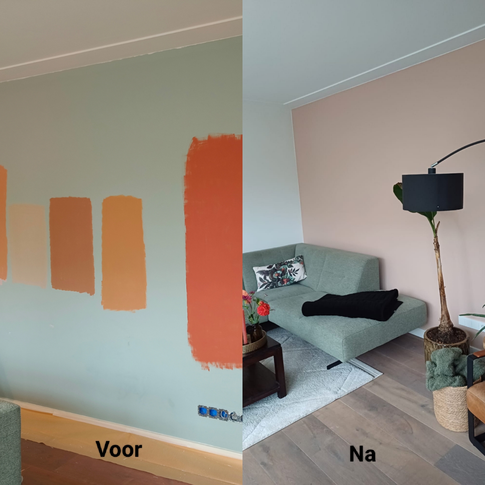 Links een muur met vijf proefvlakken in oranje en terracotta tinten, rechts dezelfde kamer afgewerkt in zacht oudroze met een groene bank
