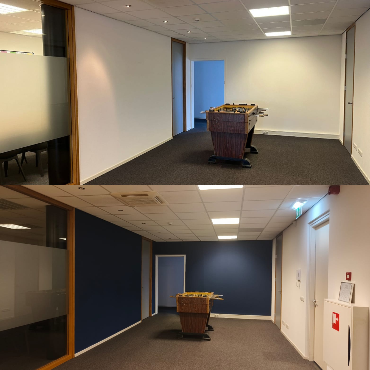 Voor en na van een kantoorgang, eerst witte muren en daarna een diepblauwe wand